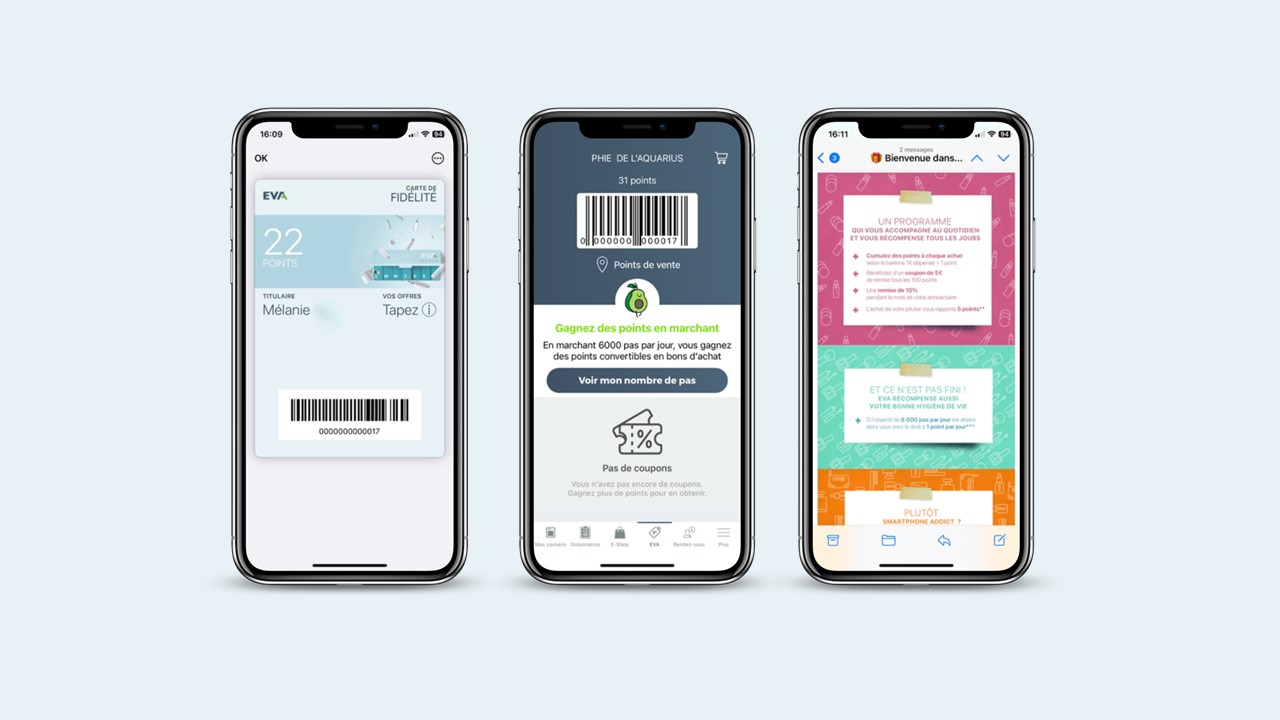 3 smartphones présentant email podomètre et carte de fidléité