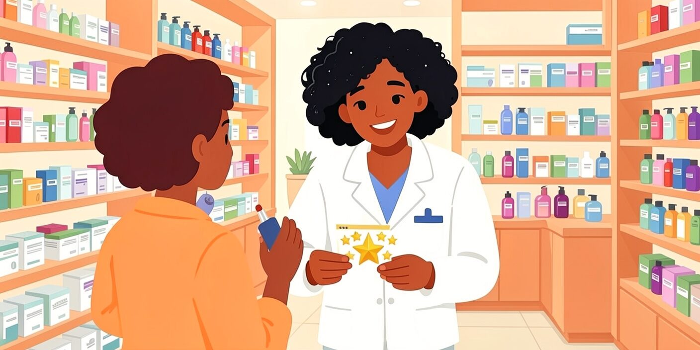 Pharmacienne souriante tenant une carte de fidélité, illustrant les avantages d'un programme de fidélité en pharmacie utile pour le client et rentable