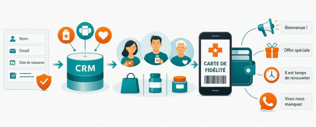 segment_clients_pharmabis Illustration de la segmentation clients en pharmacie montrant des segments (nouveaux inscrits, clients réguliers, clients occasionnels, mono-catégorie) et l’envoi du bon message au bon moment.